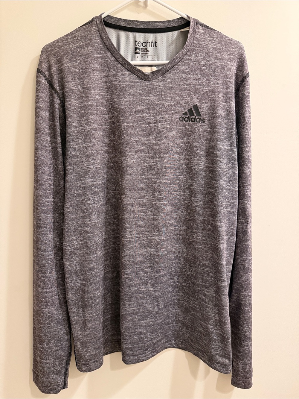 adidas Gray Heather Techfit Long-Sleeve V-Neck Shirt